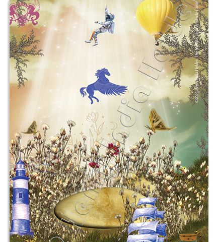 A Tarot card of a magical scene. Light beams down from above. In it float improbable thing: Pegasus, symbol of freedom, aspiration and divine powers, a space-walking astronaut, and a yellow hot air balloon. Wildflowers and grazing butterflies frame a floating stone. A sailing ship makes its way across green waters to a shore of flowers. There’s a lighthouse in the back. A cork-topped test tube cultures flowers. Next to it hovers a picnic basket with bread and apples and a drape of orange cloth.