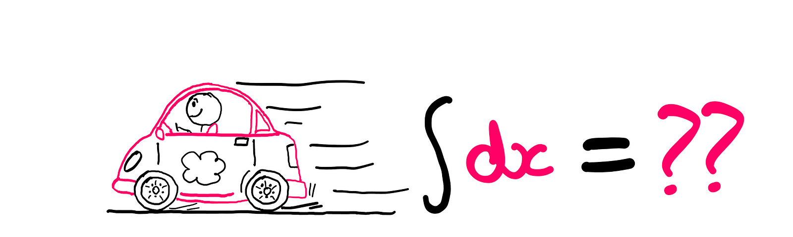 Calculus (III): What Is A Derivative? How To Really Integrate It? — An illustration showing a fast moving car driven by a stick figure on the left. On the right, the following question is written ∫dx = ??