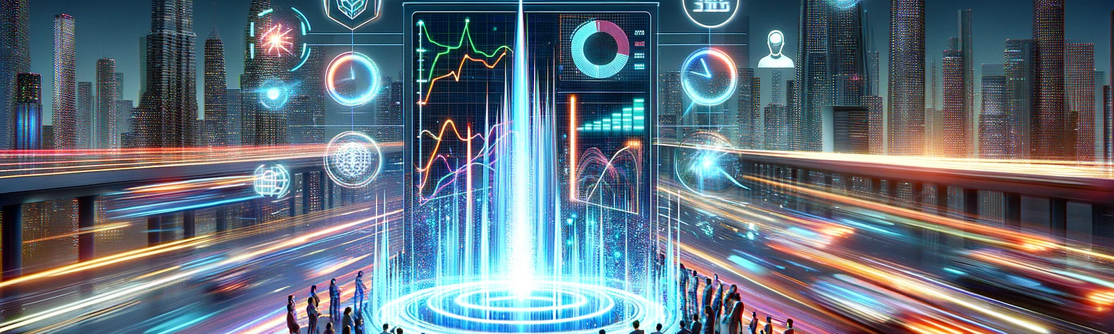 An image showing a diverse group of people of various descents and genders, gathered around a glowing AI interface with graphs and data in a dynamic, futuristic city setting. The scene represents the impact of AI in accelerating tasks and its transformative role in a fast-paced world.
