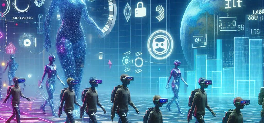 A futuristic virtual environment with students walking around while wearing virtual reality or mixed reality headsets.