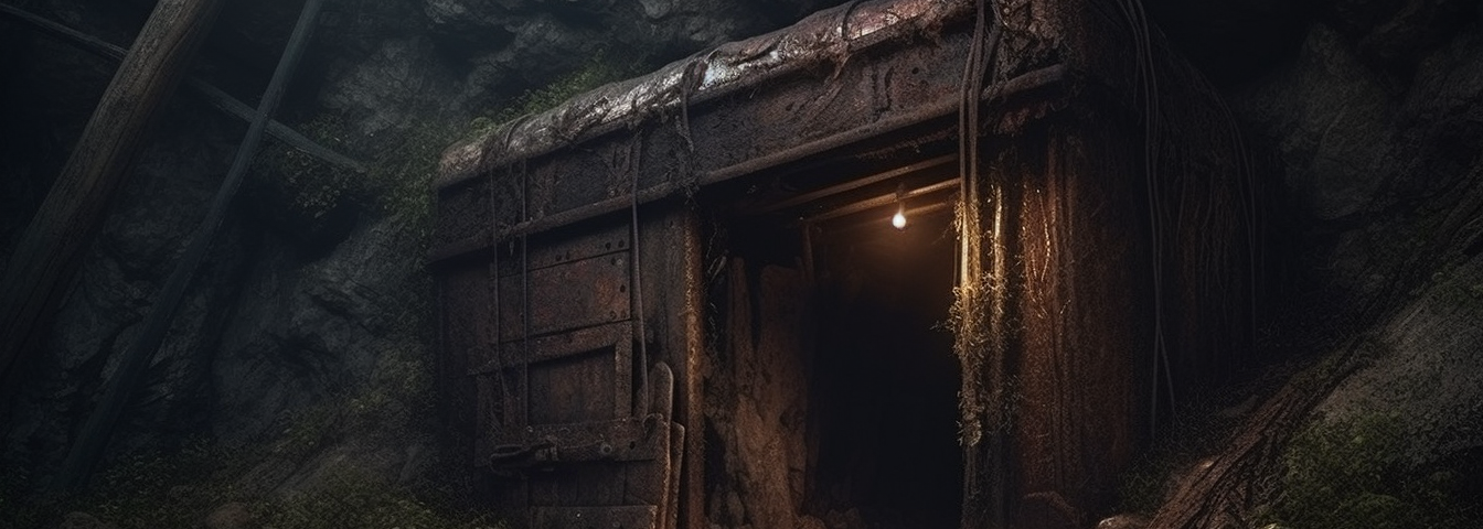 A ramshackle entrance to a dark, gloomy mine.