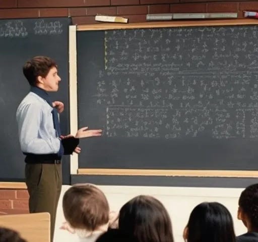 Teacher at a chalkboard instructing students