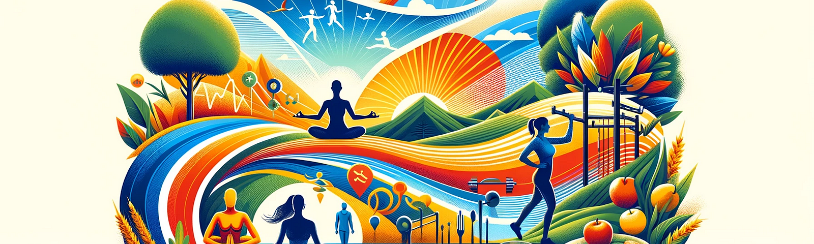 AI generated colorful collage of people meditating and exercising. There are also healthy food depicted.