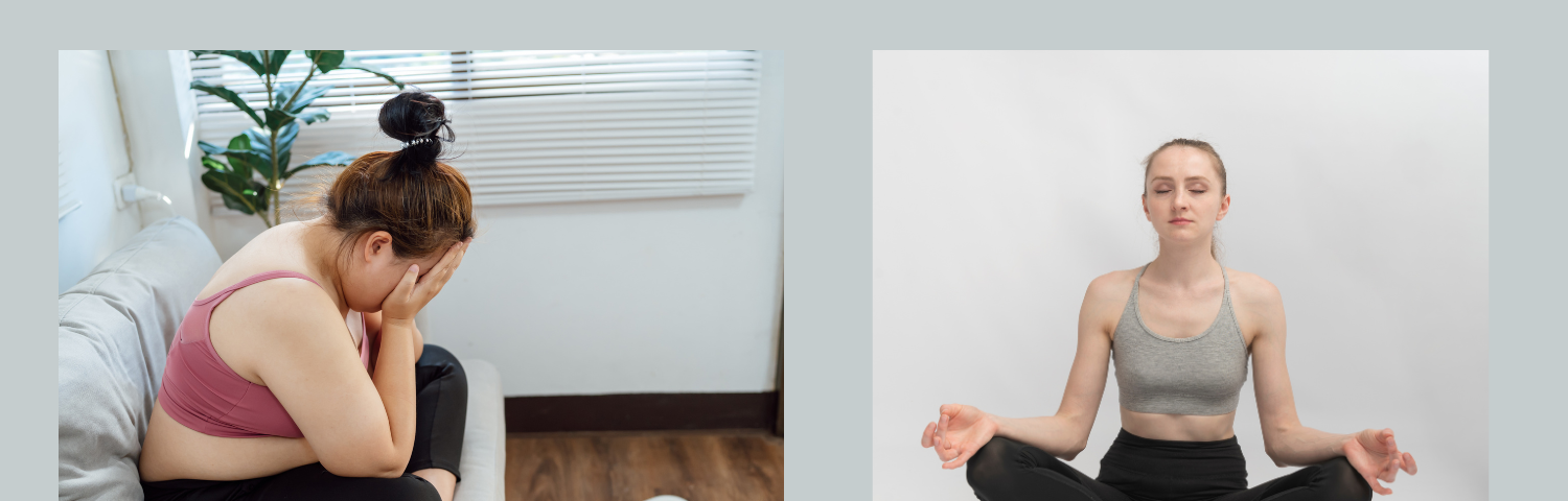 On the left, a fat lady sitting cross-legged on the couch with her face in her hands and a scale on the floor. On the right, a slim lady meditating while sitting in the lotus position with a serene expression.