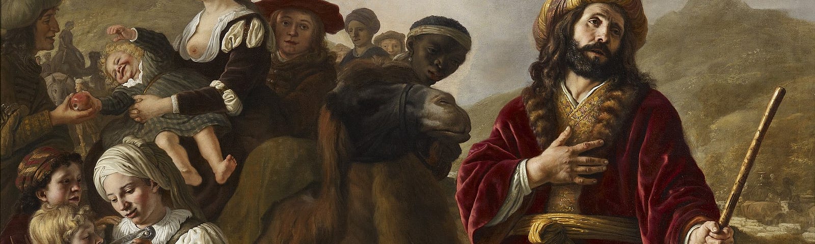 Jacob, a Biblical figure dressed in a red robe holding a gold staff, is on one knee asking his brother, Esau, for forgiveness. He is joined by his family and household, all dressed in medieval-style clothing.