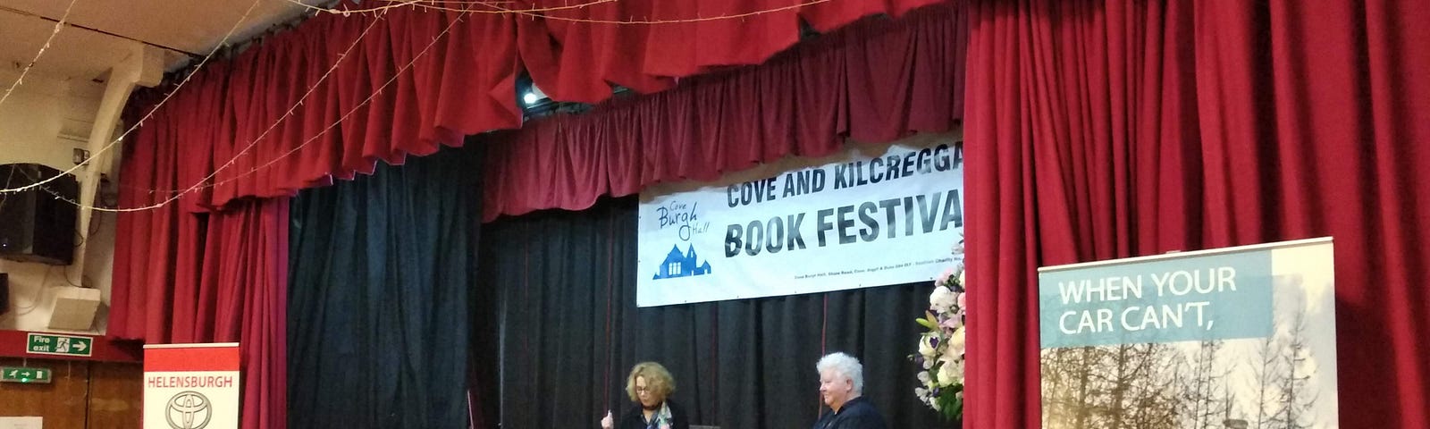 A book festival event in Cove Burgh hall pre-pandemic, featuring Val McDermid