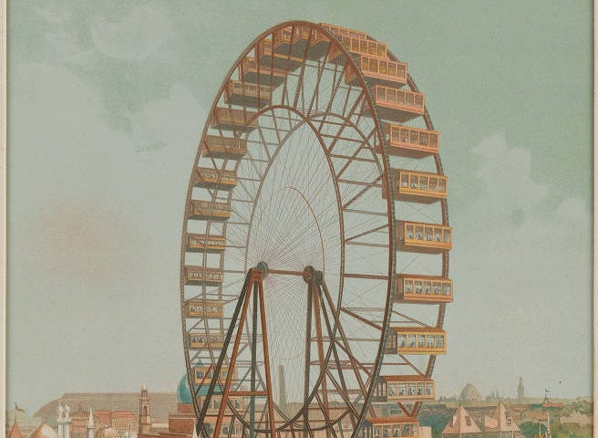 illustration of Ferris Wheel at Chicago World’s Fair, 1893. Public Domain.