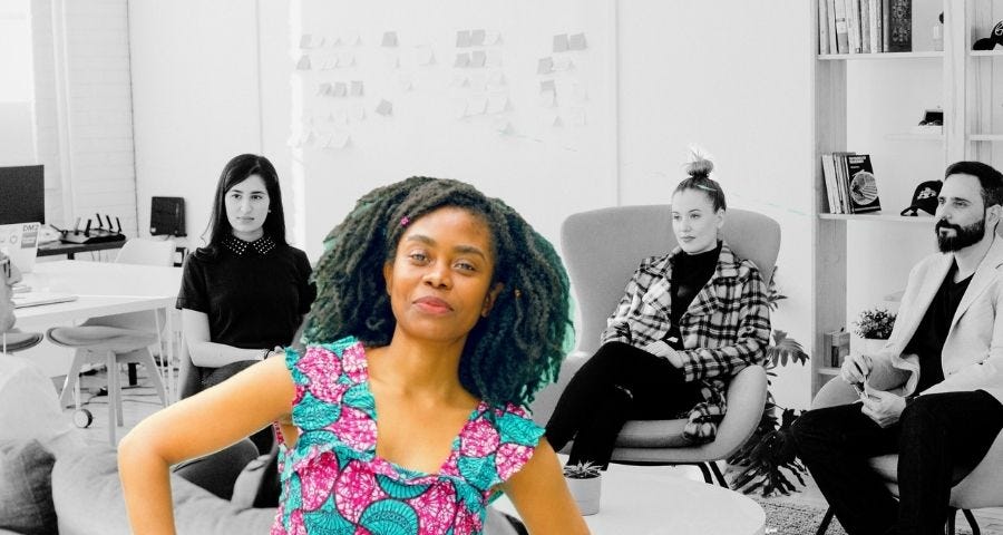 black and white photo of white people in an office, colorful black woman superimposed