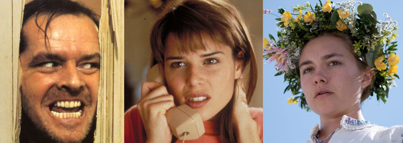 Three movie stills with Jack Nicolson looking through the door in the Shining, Neve Campbell on a phone in Scream, and Florence Pugh wearing a crown of flowers in Midsommar.