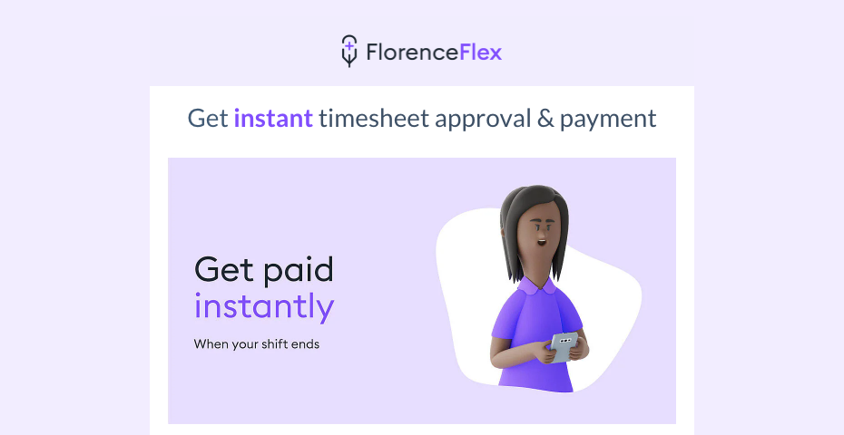 Screenshot of email informing Florence workers about end of shift instant pay