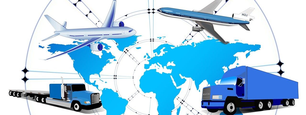 IMAGE: A radar screen with a world map in blue over a white background, and different logistic media (a truck, a plane, a train and a container ship) in the margins.