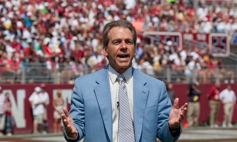 Nick Saban on the Alabama Crimson Tide Football field.