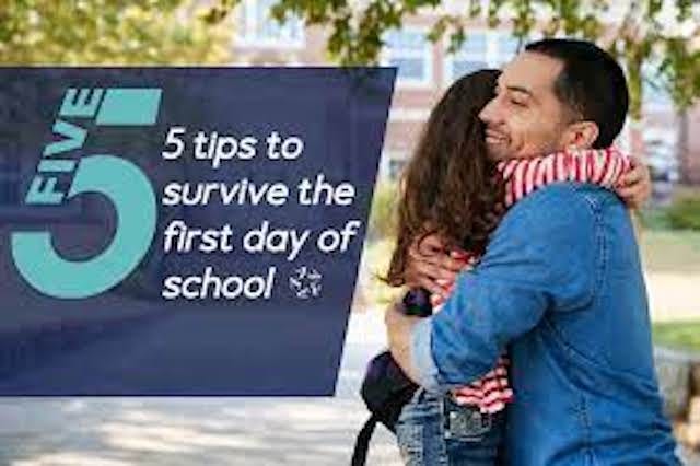 Girl hugging dad in hopes of avoiding actually attending the first day of school.