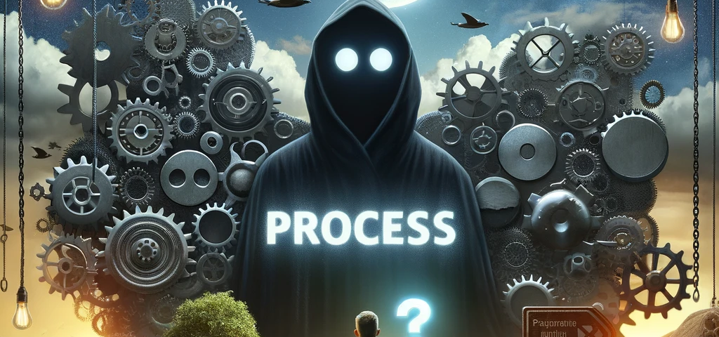 A developer standing at the start of a path, holding a document and a question mark. An imposing visage is in front of them, labeled process.