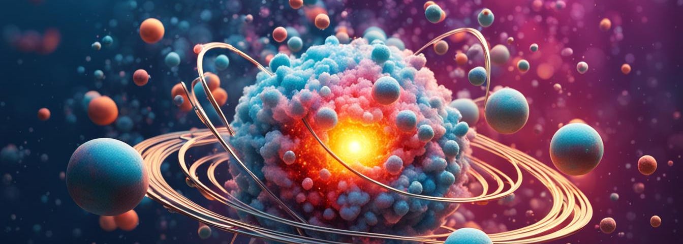 Electron cloud around nucleus of an atom, hyrpereal depiction