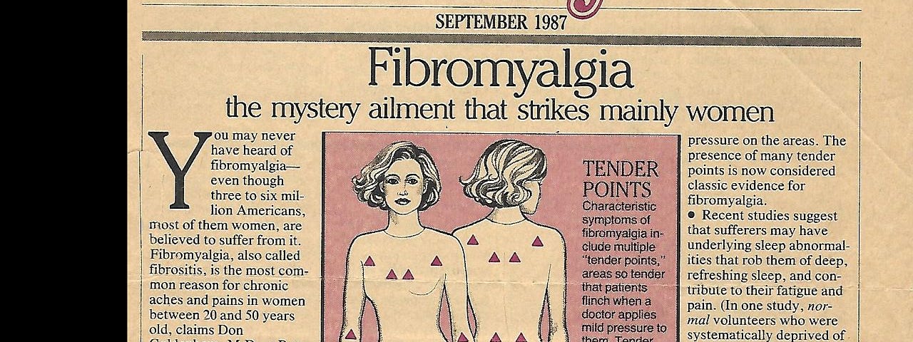 A page from Good Housekeeping magazine from September 1987 shows an illustration of the front and back view of a woman in a body suit with little triangles marking the tender points of fibromyalgia.