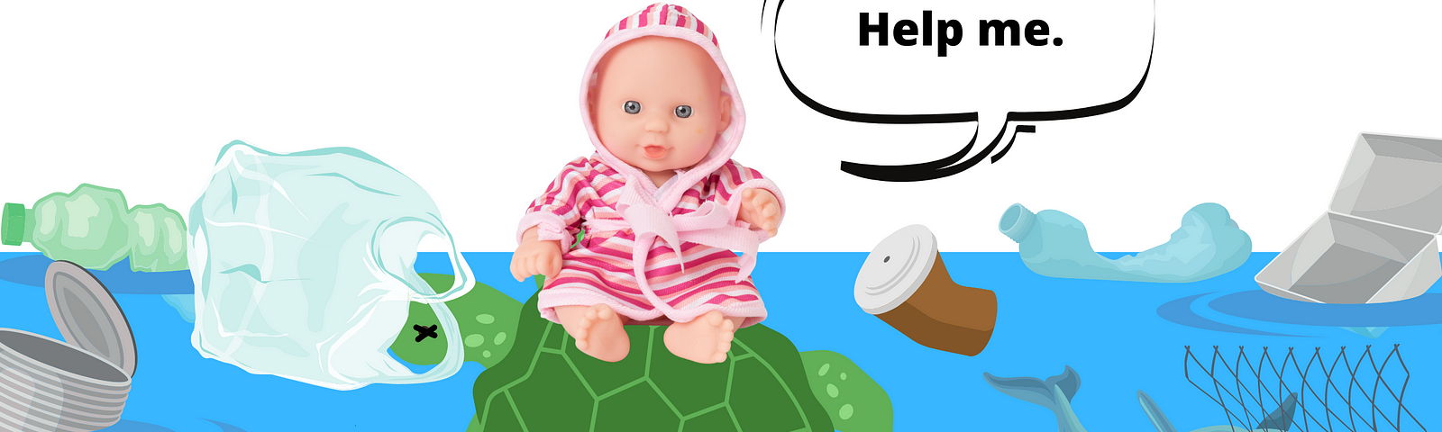 small doll sits on dead turtle in a polluted ocean