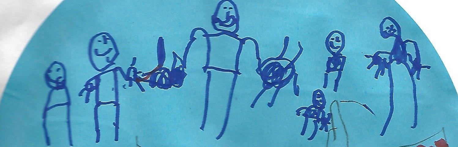 Children’s drawing of a family on a cruise ship.