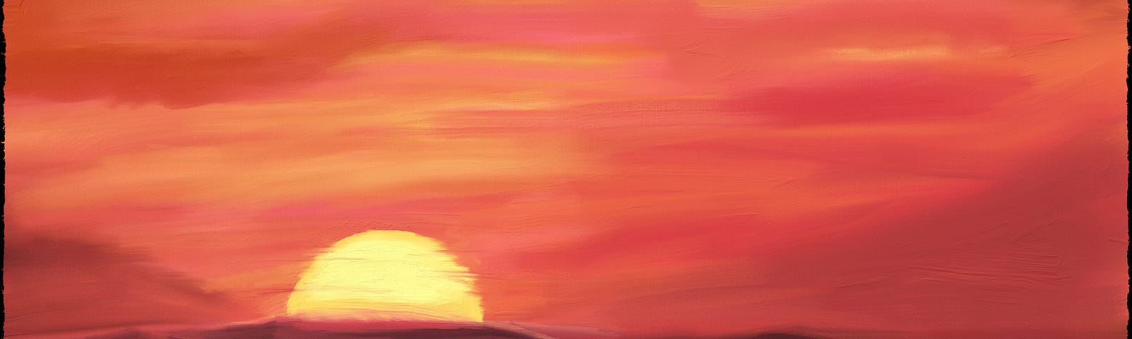 Digital impressionist oil painting of a sunset over rolling hills and farmland in oranges, pinks, yellows, and browns.