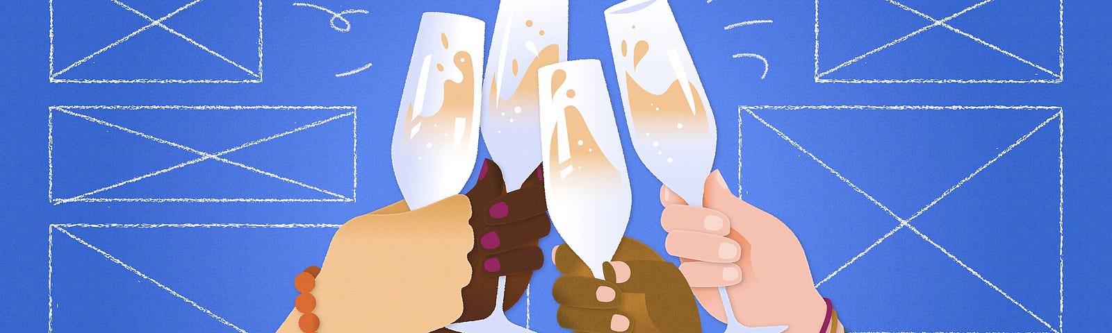 Hands raise four champagne glasses in a toast to a successful UX Research session.