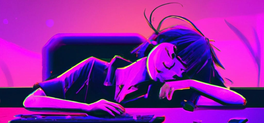A woman sits slumped at an office desk, fast asleep