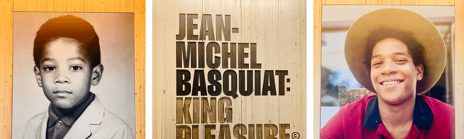 A trio of images: Jean-Michel Basquiat as a child in 1965, Wood carving of King Pleasure © Exhibit in NYC, Jean-Michel Basquiat at 18 in 1983.