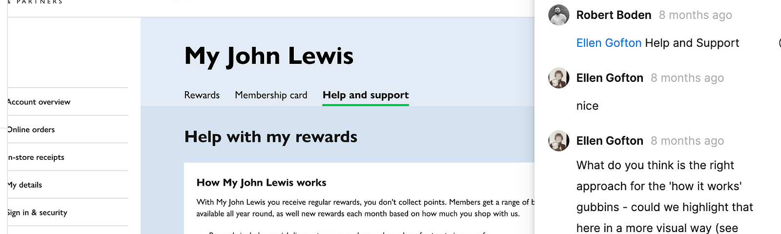 A Figma screenshot showing two designers comments discussing a webpage about My John Lewis ‘Help with my rewards’ and the content on the page