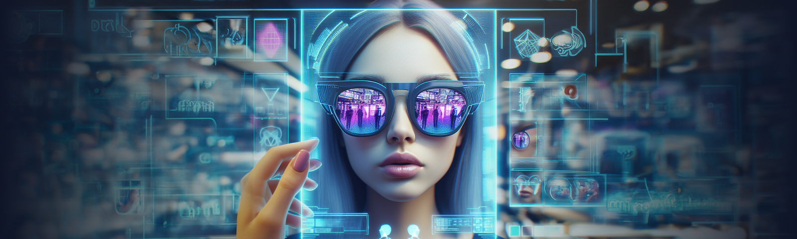 Digital artwork for ‘Eyewear Retail’s Digital Frontier: AR and 3D Integration’ showcasing a woman wearing futuristic AR glasses, with holographic interfaces and digital elements floating around her. The eyewear reflects a vibrant cityscape while various abstract symbols and icons related to technology, connectivity, and eyewear fashion appear translucently in the foreground. The image conveys a sense of advanced technology integrated into the retail experience of Designhubz.