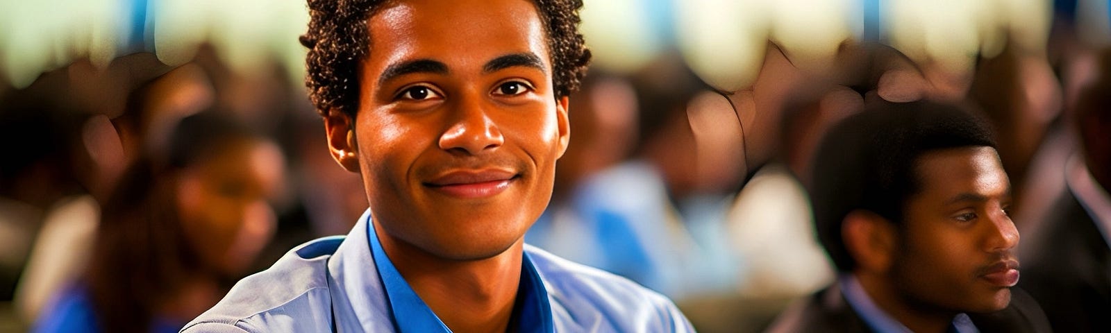 In the spirit of Claude Dambreville, a young Haitian journalist is depicted with a bright, optimistic smile, wearing a blue shirt and tie, seated in a conference hall filled with delegates in Haiti.