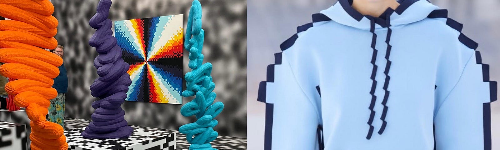 On the left, a pixelated room at London’s Beyond the Streets art exhibition; on the right: a pixelated sweatshirt from luxury brand Loewe’s Spring/Summer 2023 fashion collection