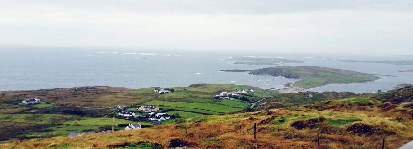 An expanse of Irish farmland jutting into the sea.