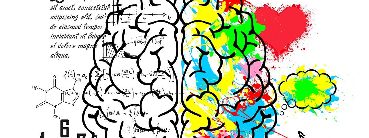 A picture of the hemispheres of the human brain (looking down), with the left side having a lot of math and logic expressions, and language, with the right side having a lot of colors and music notes — suggesting creativity.
