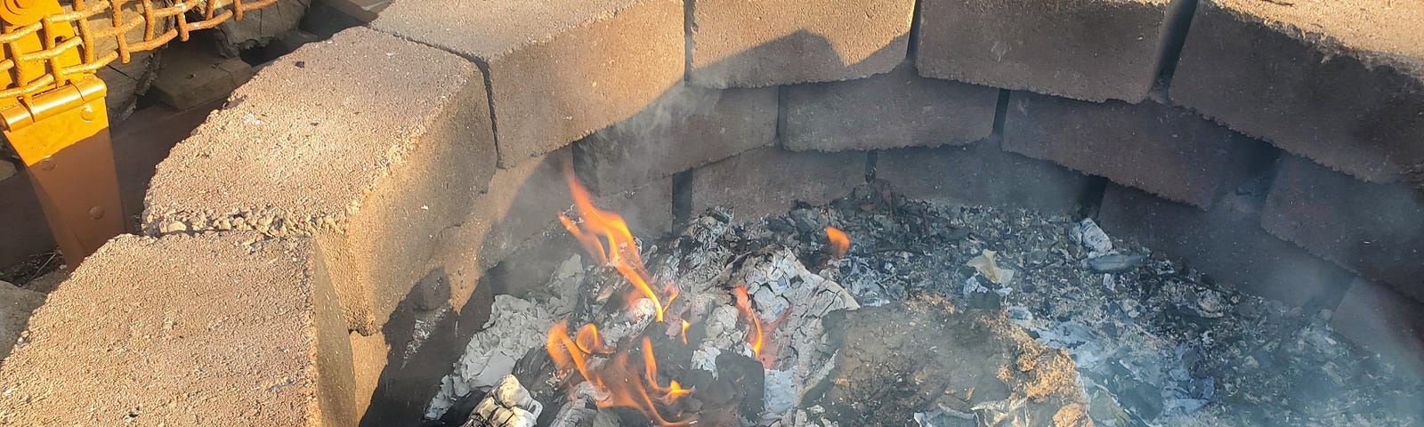 Firepit with burning logs and ashes from a large stack of paper