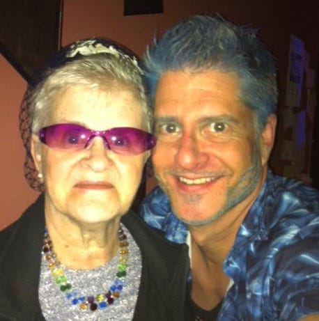 I brought my Mom to London and took her to a warehouse party in the east end. We dressed her up as “surreal granny from the future”.