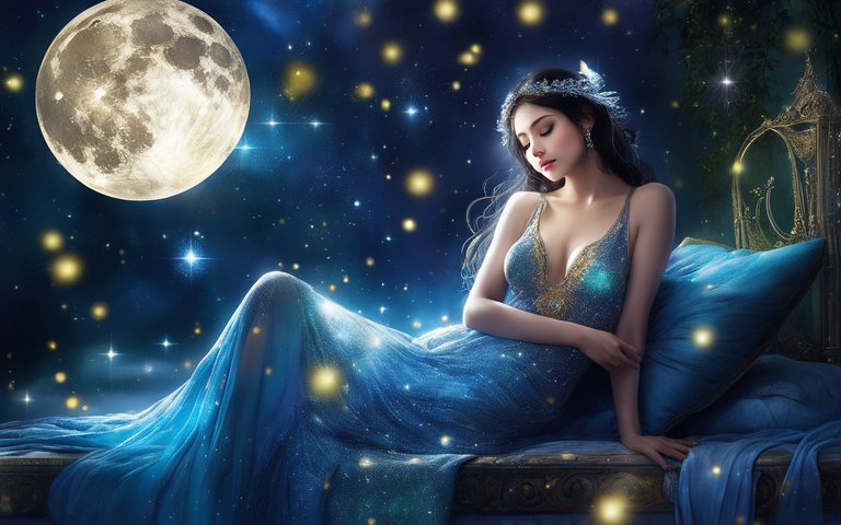 A delicate nymph reclined upon a bed adorned with plush pillows. Her luminous form radiated an otherworldly glow, as if she were cloaked in a celestial tapestry of twinkling stars. A cascade of sparkling droplets, akin to liquid moonlight, cascaded around her, draping her in a shimmering embrace. These enchanting droplets, reminiscent of a tantalizing elixir, whispered secrets of forgotten realms and whispered promises of untold wonders.