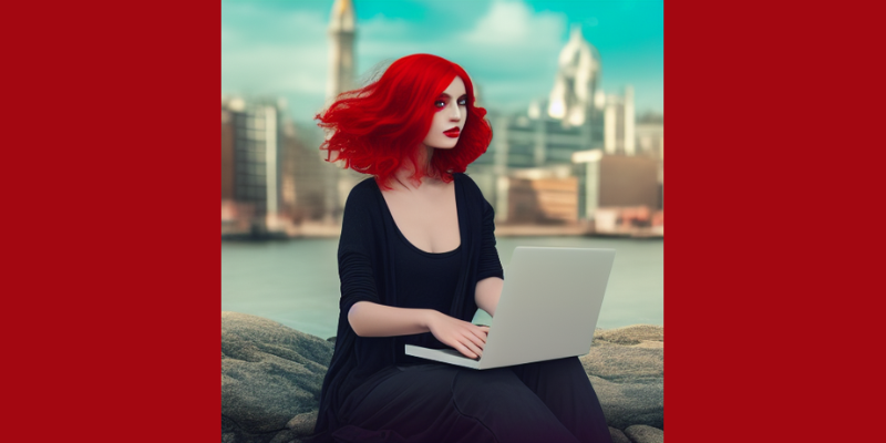 Red-haired blogger, against blurry city background — Your Writing Isn’t the Problem — Your Strategy Is