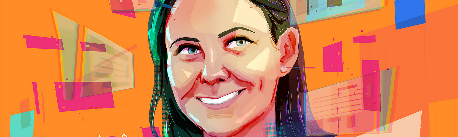 A digital portrait of a smiling Kelly beams with light. Skewed text reads “Senior UX Engineer.” Multi-colored squares float around her. She’s in front of a bright orange background.