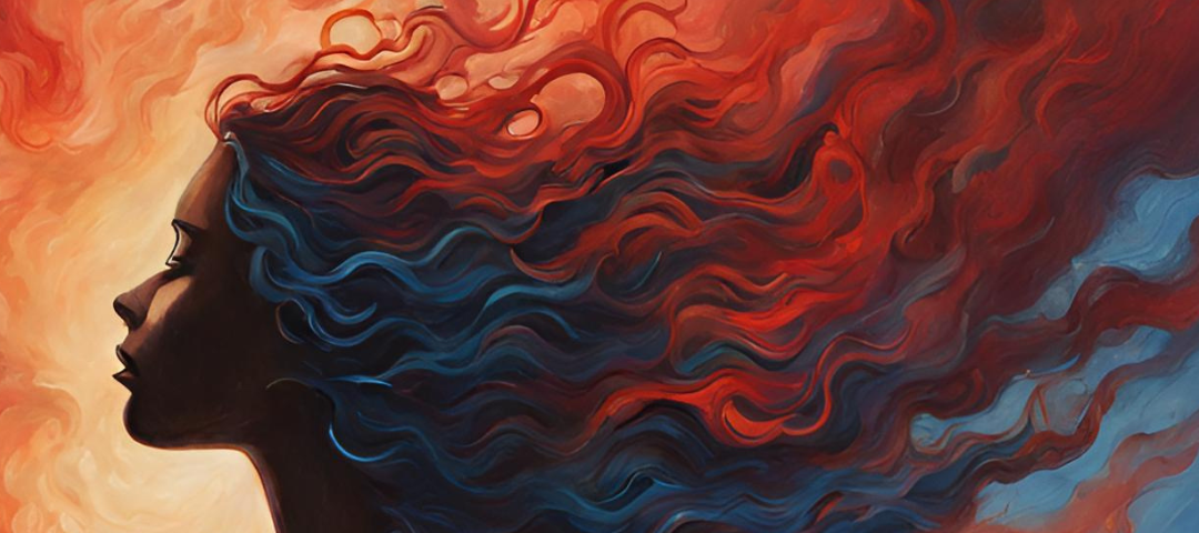 A beautiful siren with hair aflame in blues and reds melting into the sky.