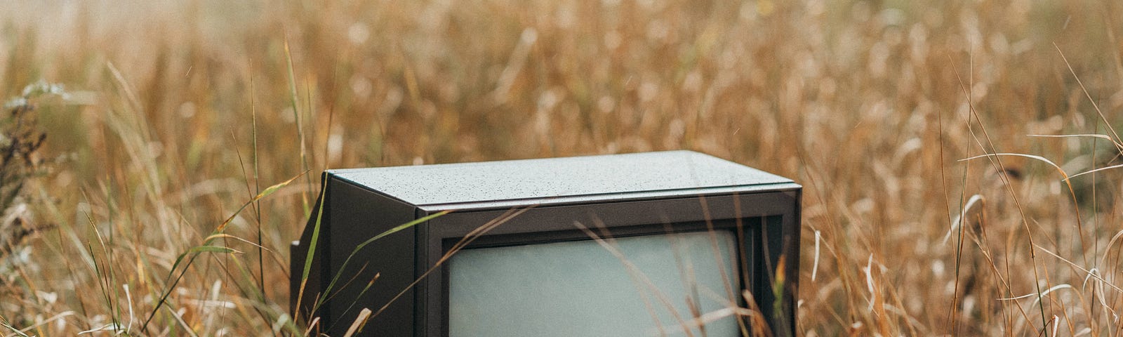 An old television sitting in a field.