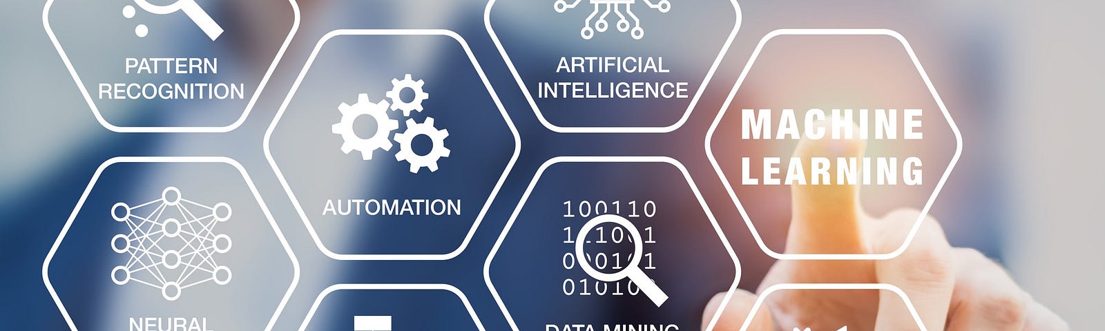A person touching a screen with icons and the words: machine learning, artificial intelligence, problem solving, data mining, automation, algorithm, pattern recognition, and neural networks.