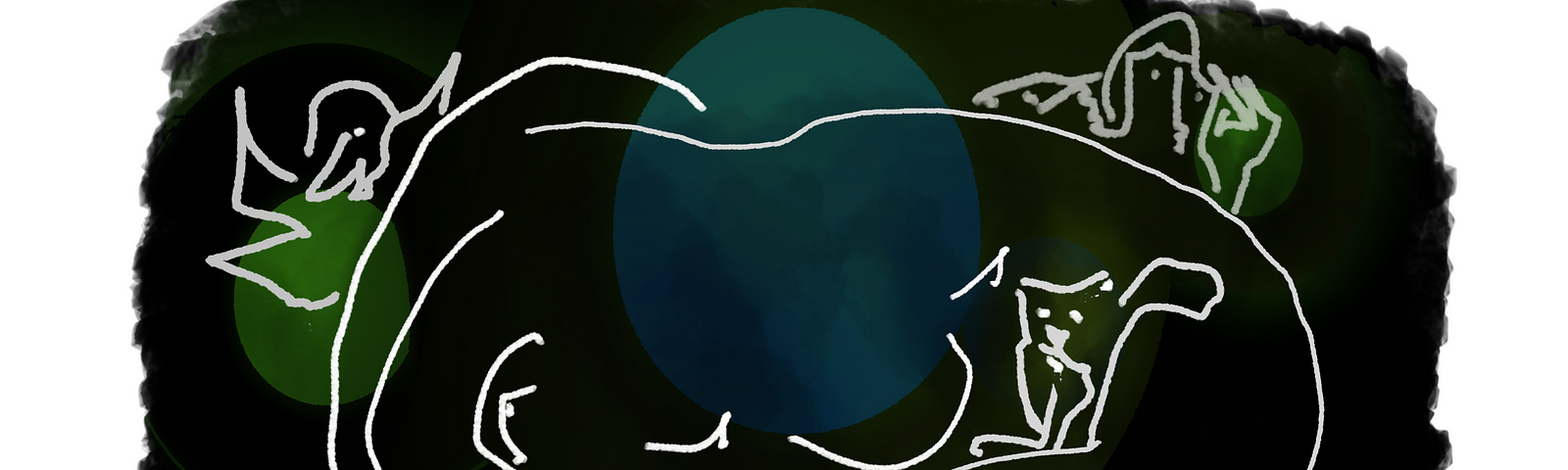 A cartoonish drawing made with abstract and minimal hand-drawn white lines on a black background. A central figure cradles a cat from a crouched position on the ground. To the left is a bird, behind the main figure is an abstract woman. There are soft greens and blues in egg shaped areas overlaid on the background, and a reddish hue to the ground beneath the figure’s hands. Art by Doodleslice 2024