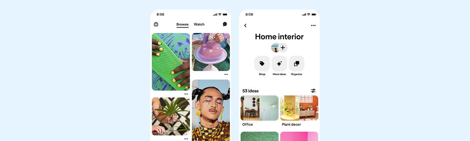 Screenshots of the Pinterest user interface