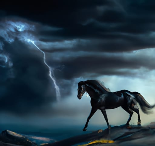 A black mare with an impressive thunderstorm in the background.