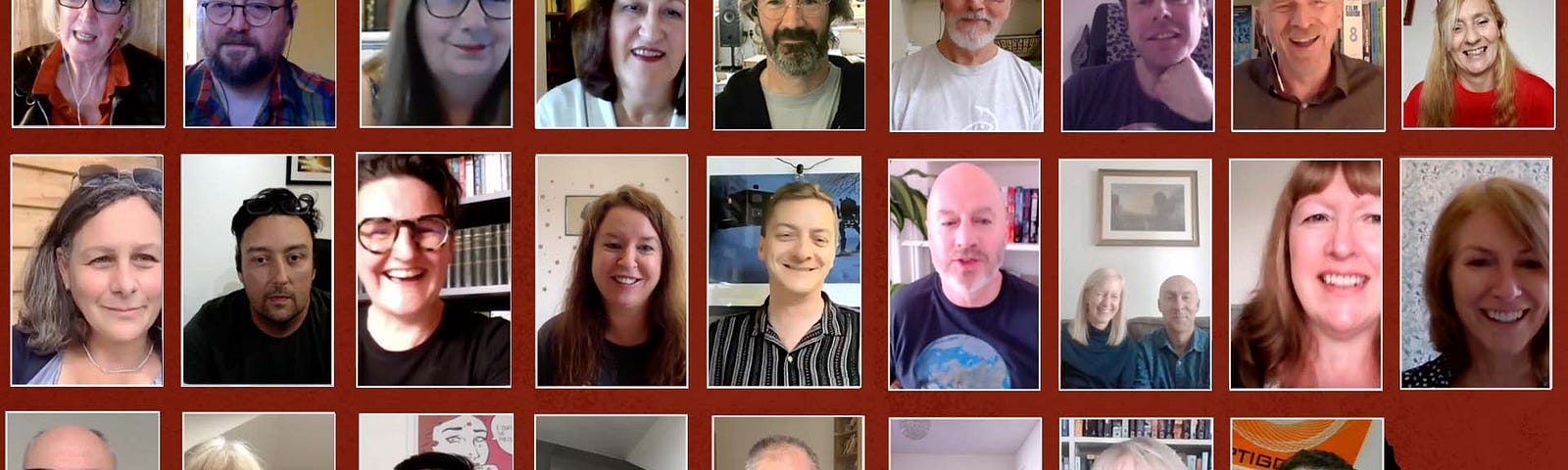 Compilation of 26 screengrabs of Scottish crime writers with Bloody Scotland red and black festival branding background in background, from an event at the 2020 edition of the Festival