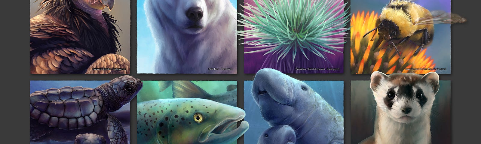Eight digital illustrations are shown. Four on top and four underneath. Each illustration includes an animal or animals. Underneath the illustrations, white text reads, “The Endangered Species Act at 50. More Important Than Ever.” The U.S. Fish & Wildlife Service logo is at bottom right. Everything is shown over a dark gray background.