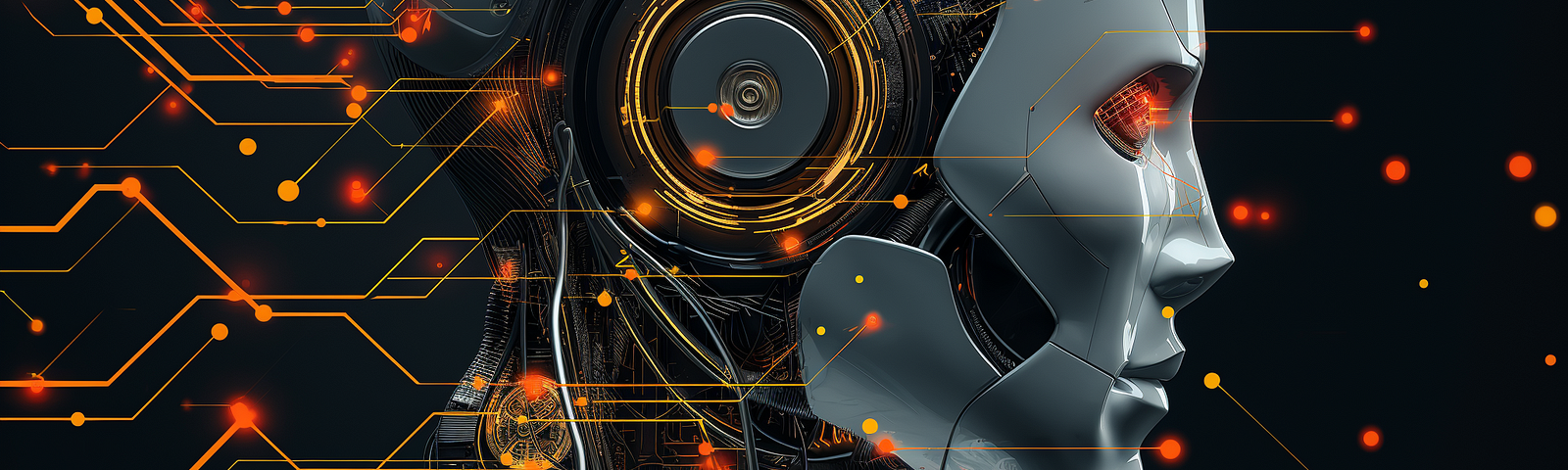 The image shows a futuristic robot with a sleek, humanoid design. The robot’s head and upper body are visible, showcasing intricate mechanical details and circuits. The background is dark, with glowing orange lines and dots resembling a digital network or circuitry, emphasizing the high-tech and advanced nature of the robot. The overall aesthetic is modern and sophisticated, reflecting cutting-edge technology and artificial intelligence.