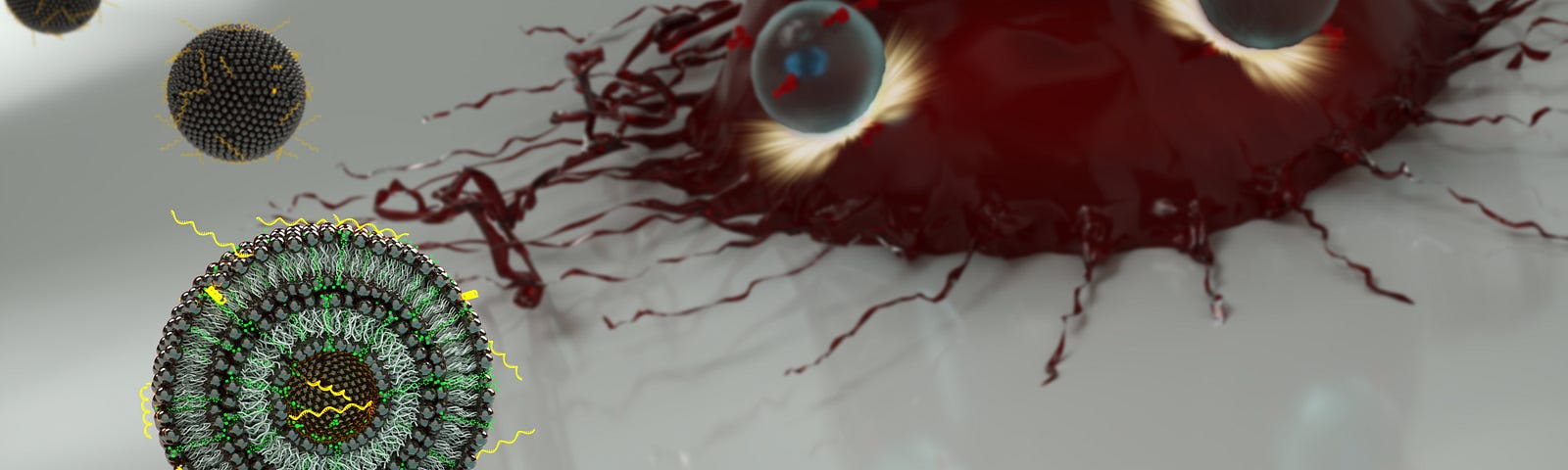 A digital illustration of a nanoparticle delivering mRNA to a T Cell.