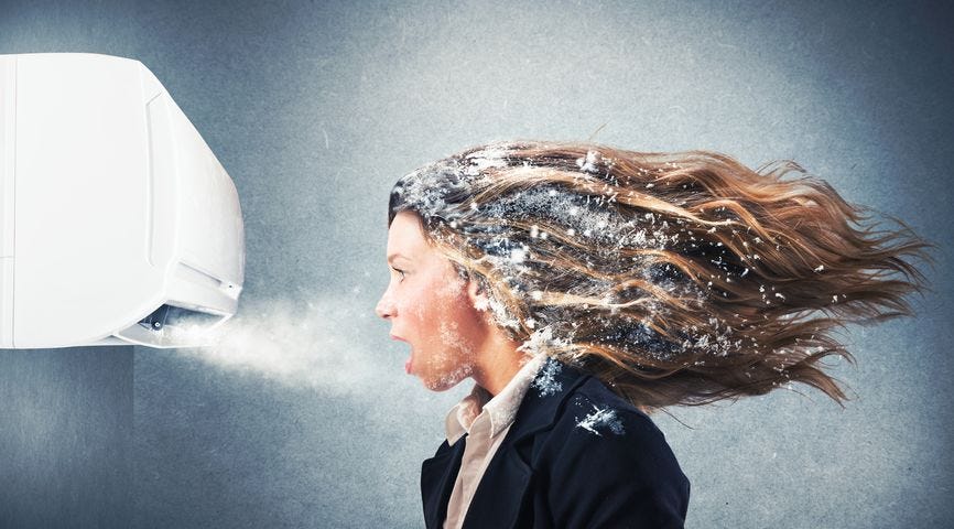 Woman with frosty hair blown straight out behind her, showing the power of a portable air conditioning unit.