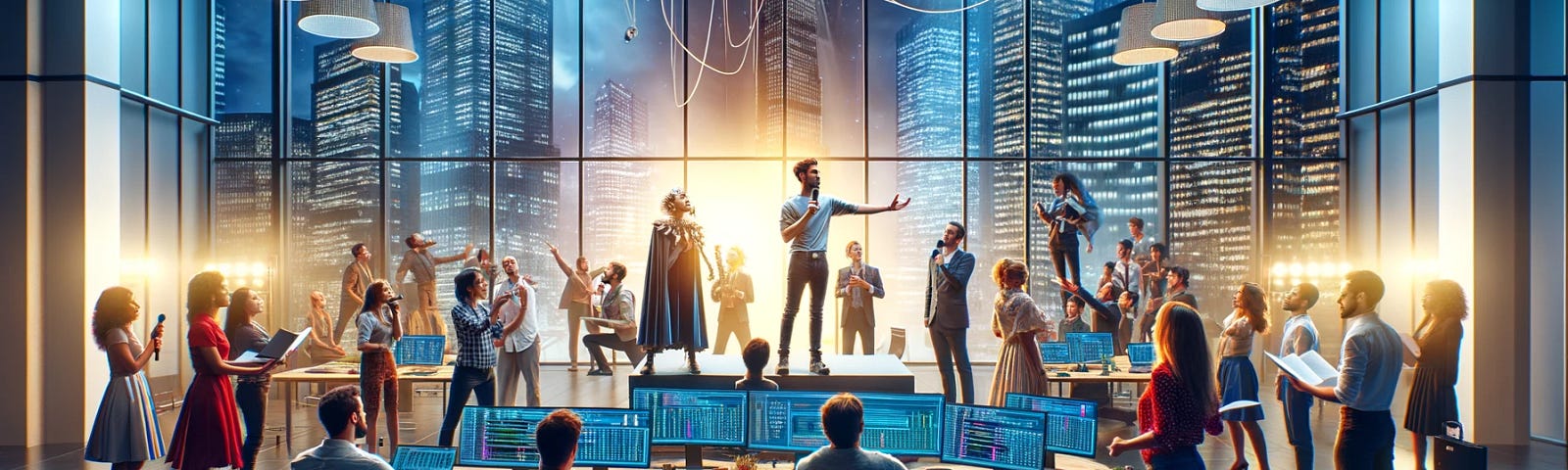 An image of a software change advisory board performing a dramatic play in a modern conference room, creatively blending technology and drama.