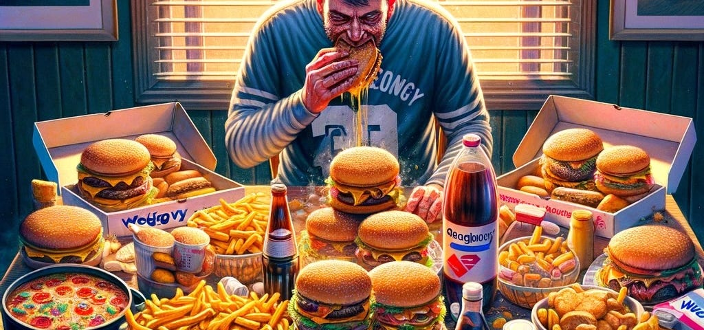 IMAGE: A person indulging in severe gluttony, eating disorderly in greasy food and having boxes of WeGovy and Ozempic on the table